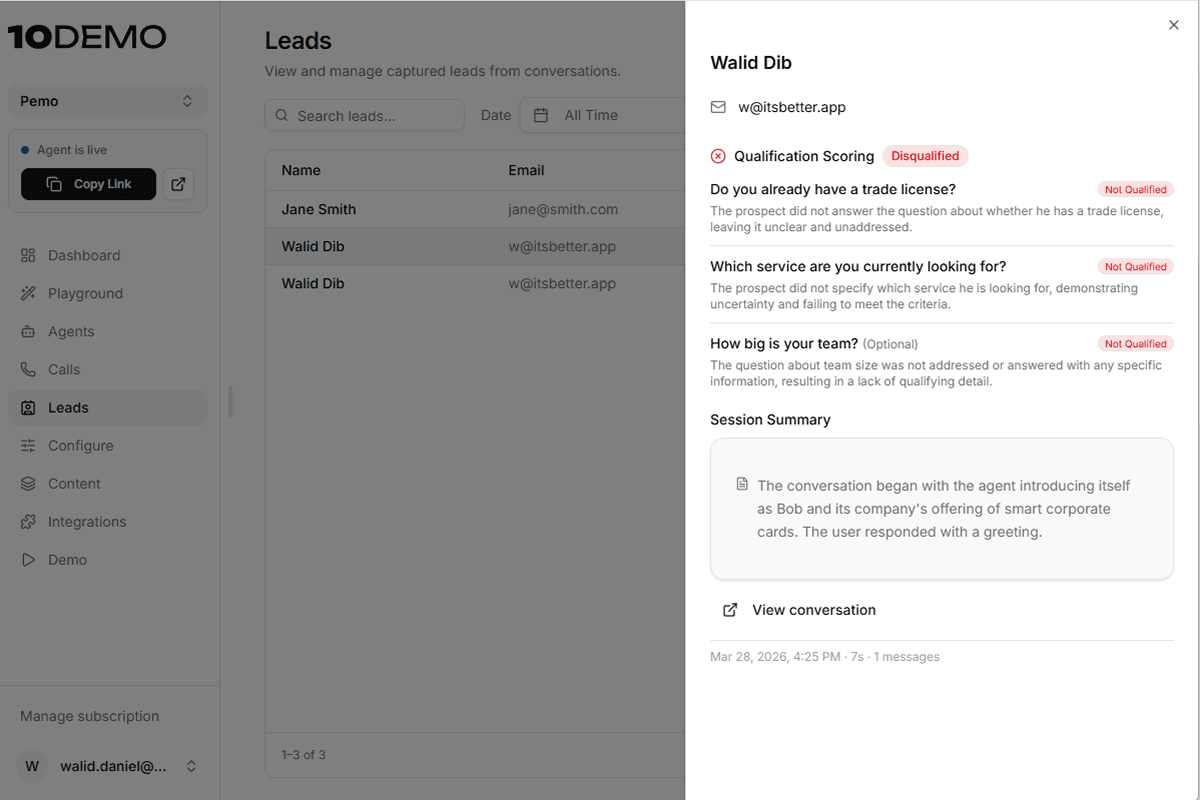 Lead qualification data from a demo conversation